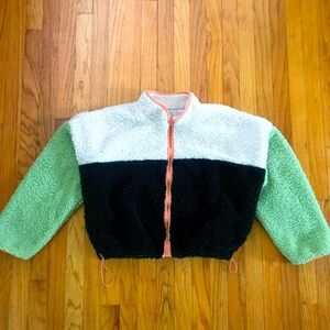Wild Fable Jacket Womens Small Green White Colorblock Fleece Zip Up Boxy Casual